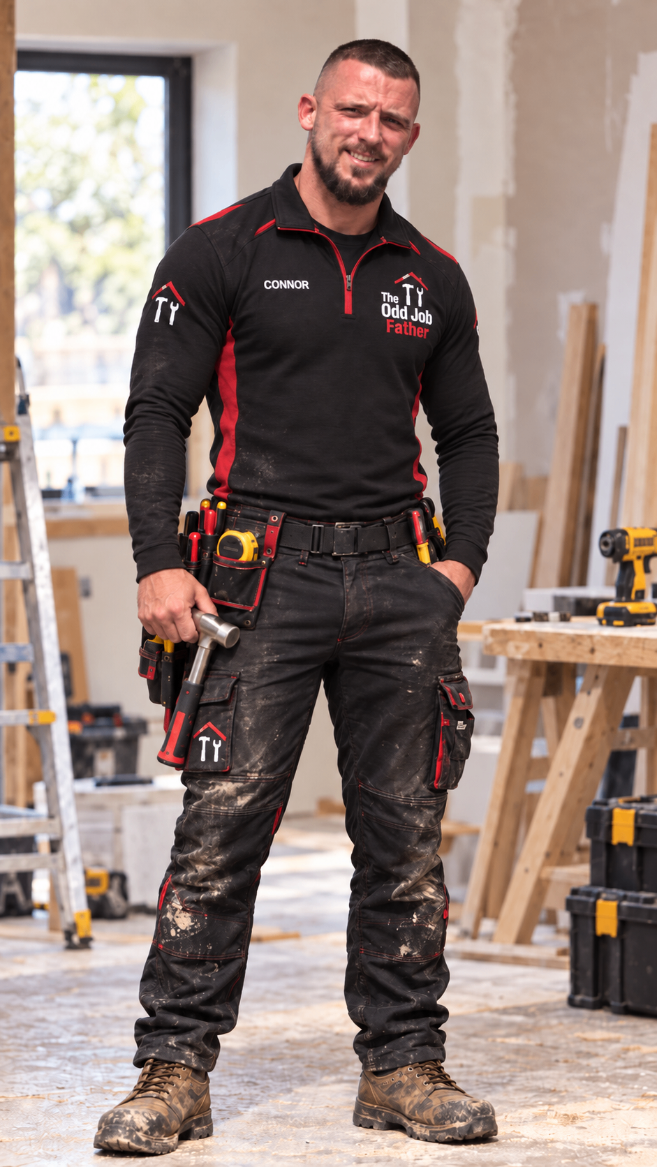 Connor, The Odd Job Father, standing in a workshop with his tool belt