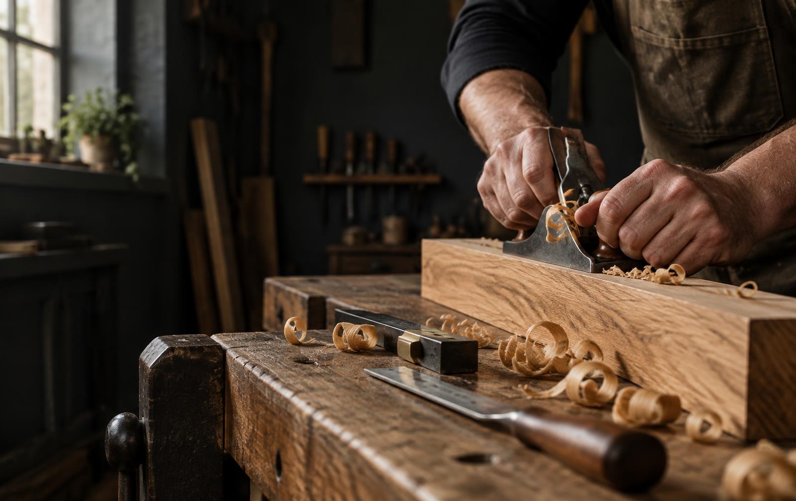 Hands carefully working oak timber at a workshop bench